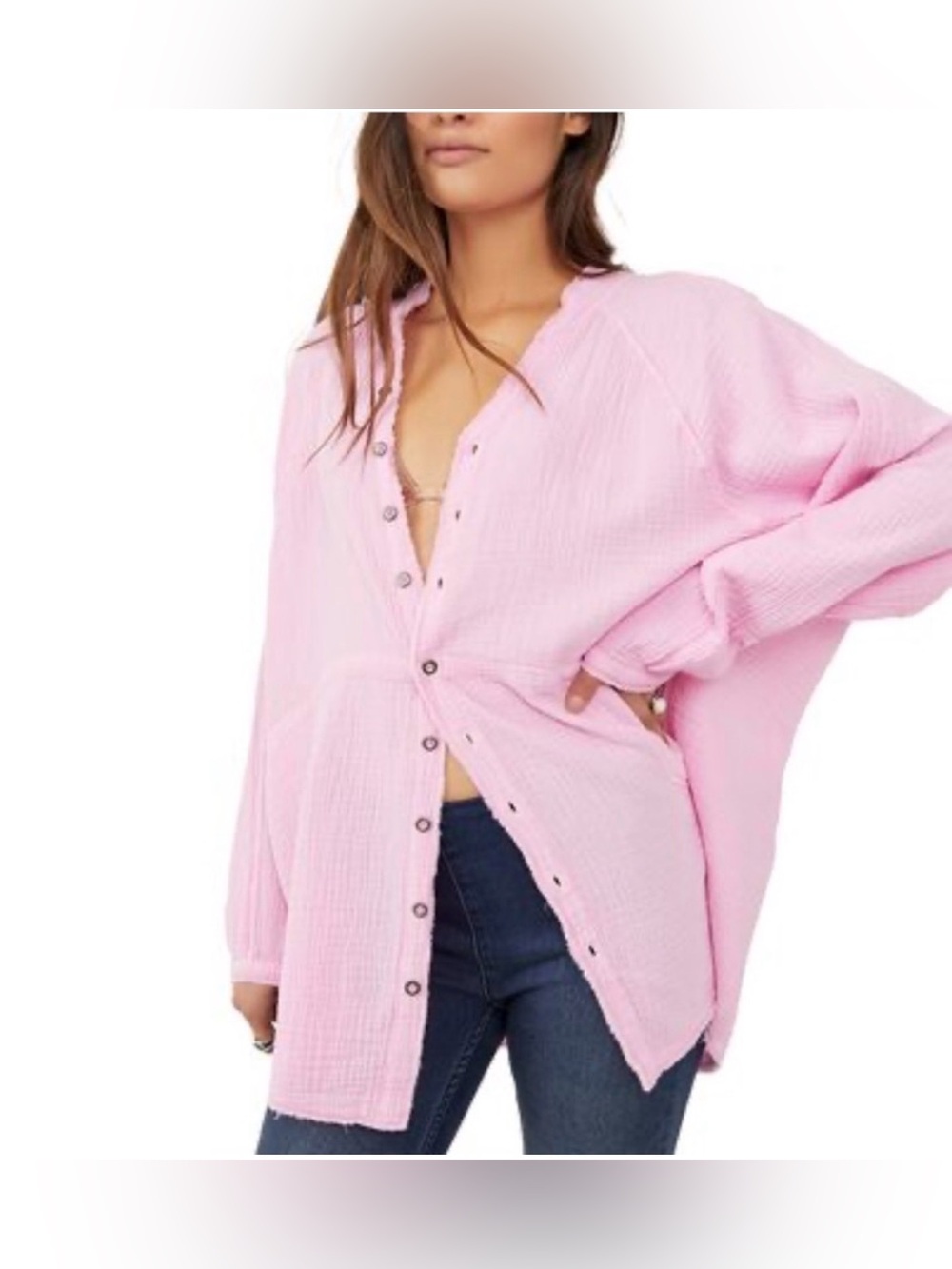 We The Free Daydream Buttondown Pink Gauze Top , M - Picture 5 of 13